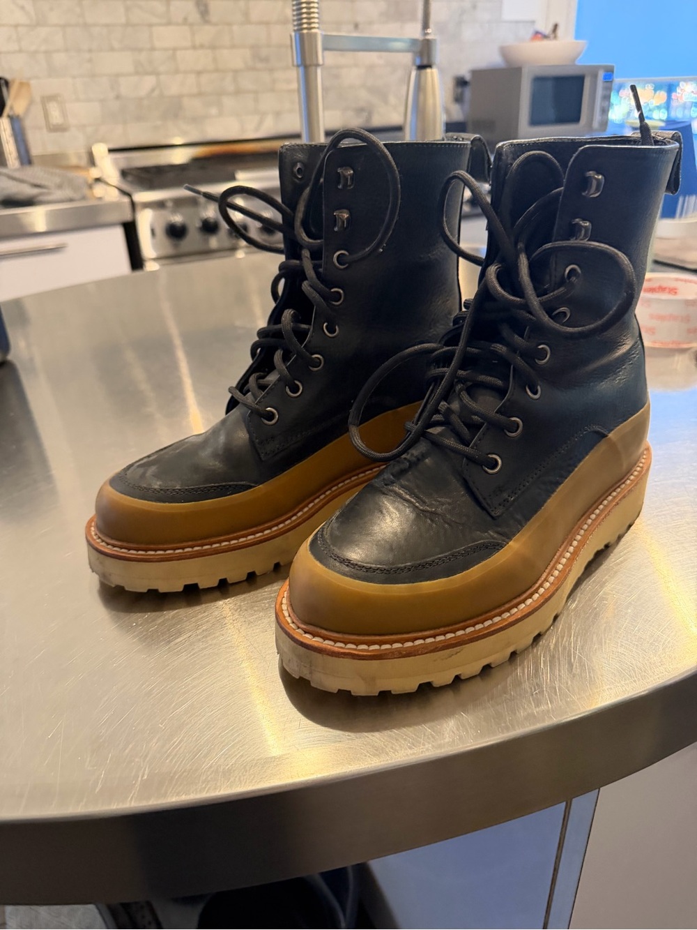 Ulla Johnson Black Leather Combat Boots with Tan Rubber Trim
